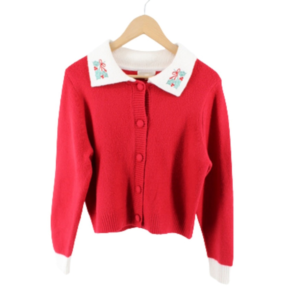Womens Christmas Cardigan Red Knit Sweater Embroidered Collar Button Front Size